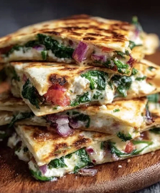 Mediterranean Quesadillas with Spinach, Feta, Mozzarella, and Red Onion