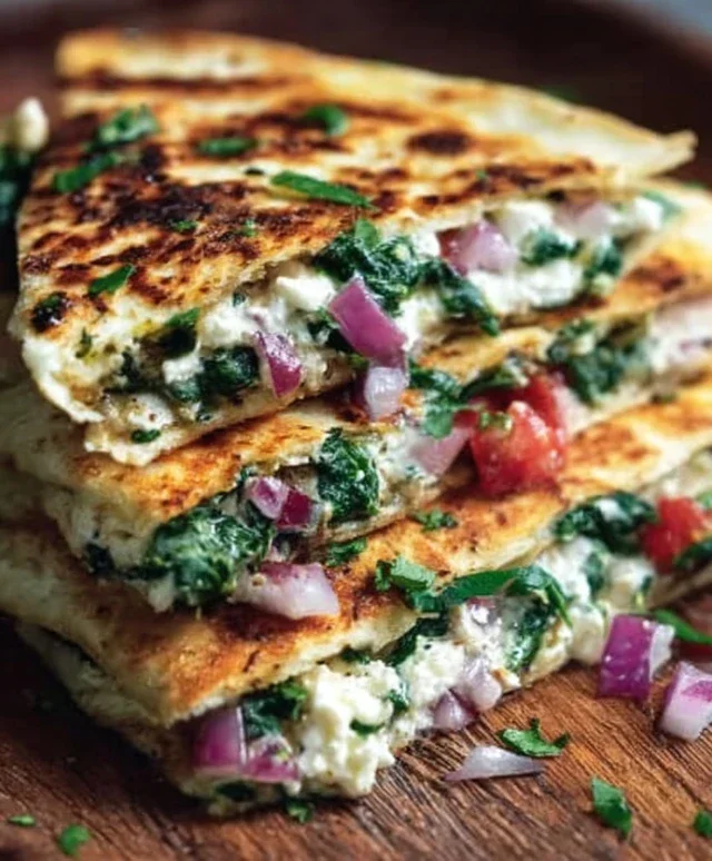 Mediterranean Quesadillas with Spinach, Feta, Mozzarella, and Red Onion