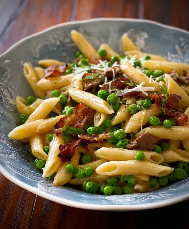 Penne Pasta, Peas and Beef Beef Bacon