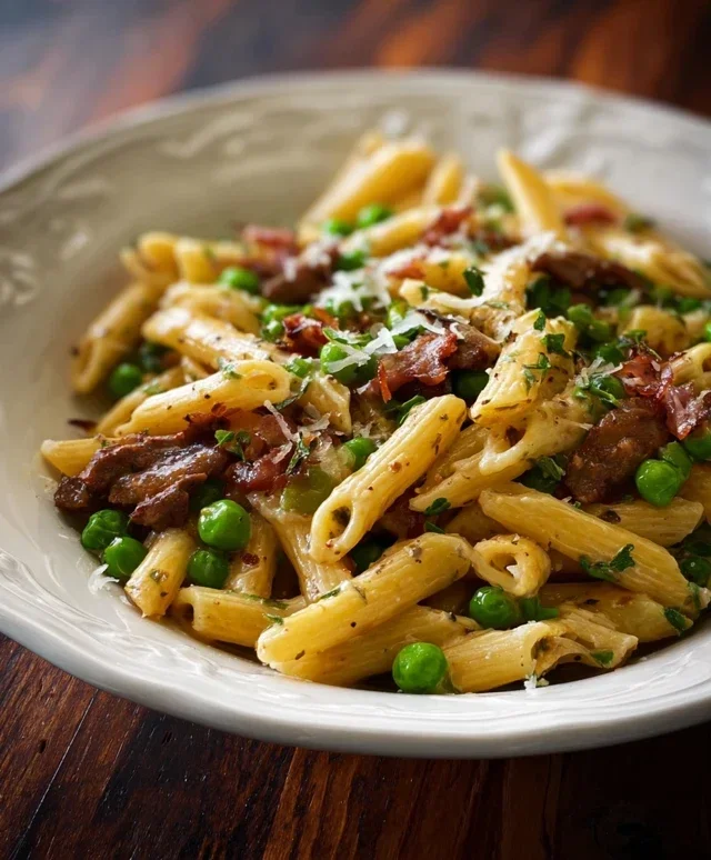 Penne Pasta, Peas and Beef Beef Bacon