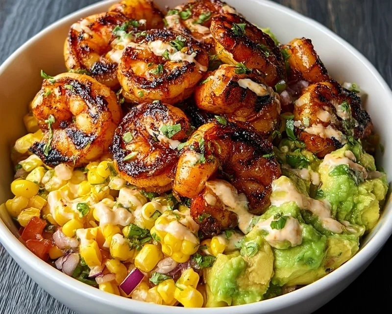 Grilled Shrimp Bowl With Avocado Corn Salsa Creamy Garlic Sauce