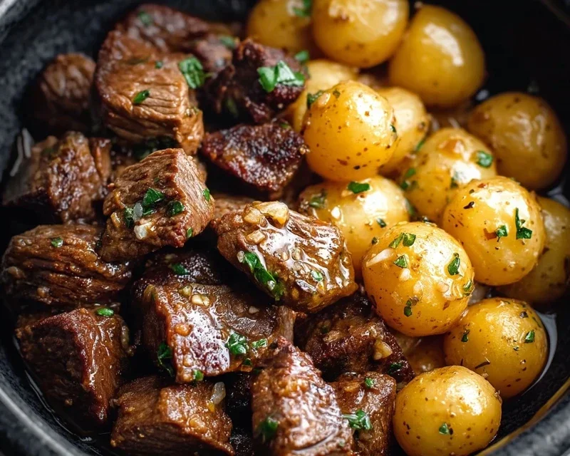 Slow Cooker Garlic Butter Beef Bites with Potatoes