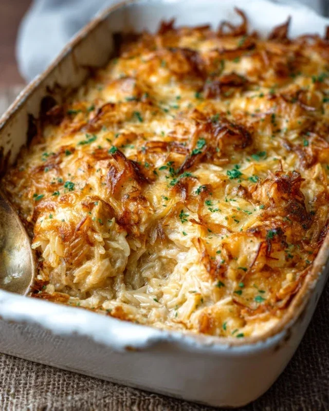 French Onion Chicken Orzo Casserole