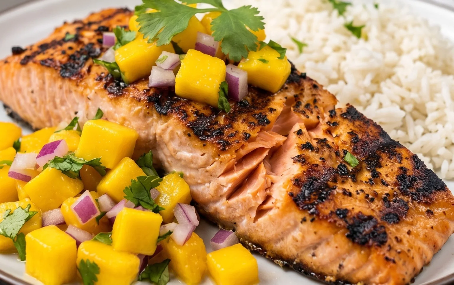 Grilled Salmon with Mango Salsa and Coconut Rice