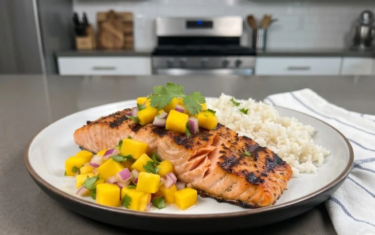Grilled Salmon with Mango Salsa and Coconut Rice