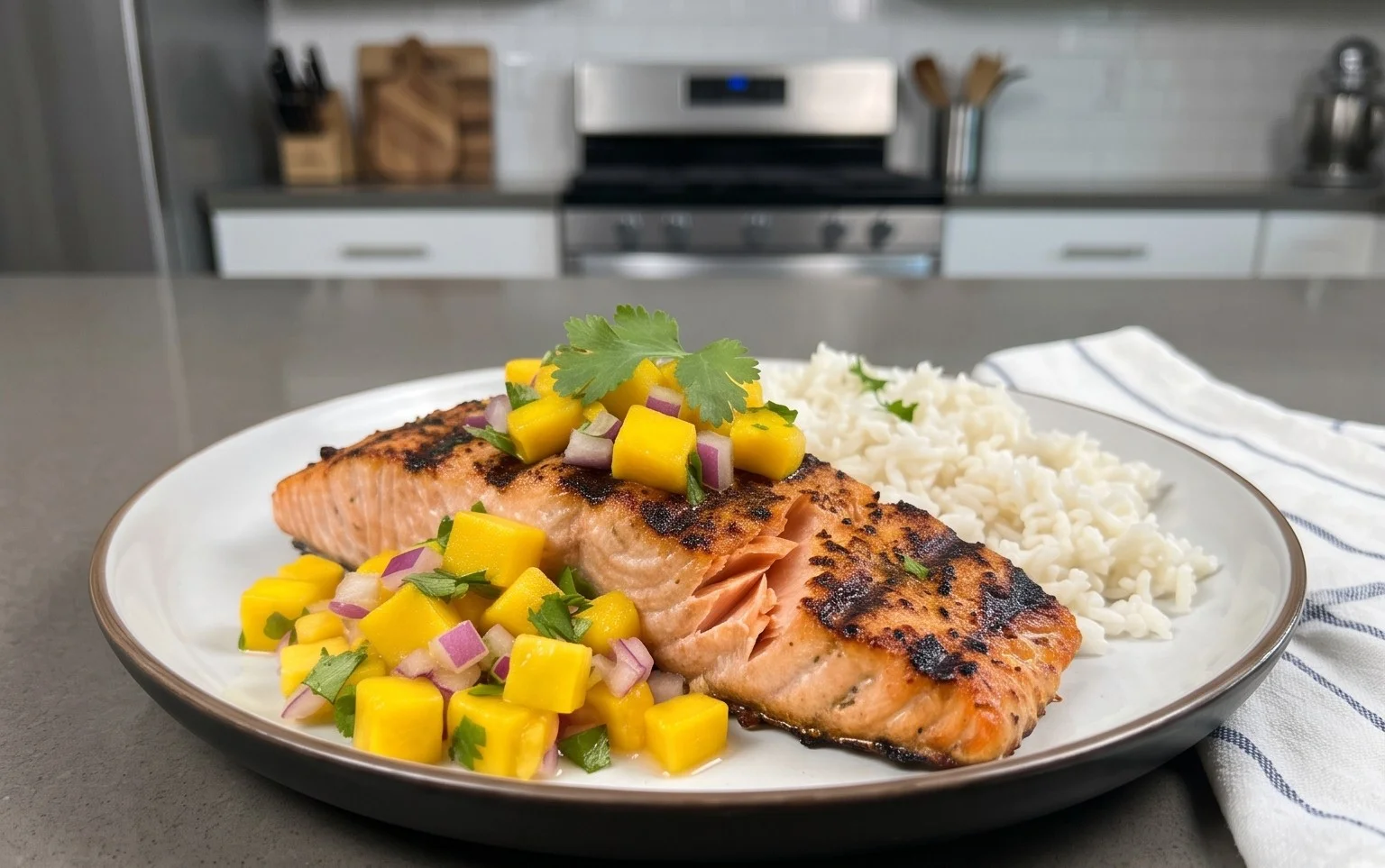 Grilled Salmon with Mango Salsa and Coconut Rice