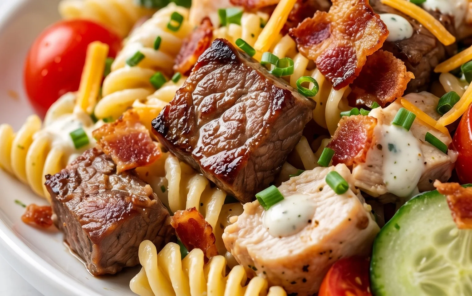 Chicken Beef Bacon Ranch Pasta Salad