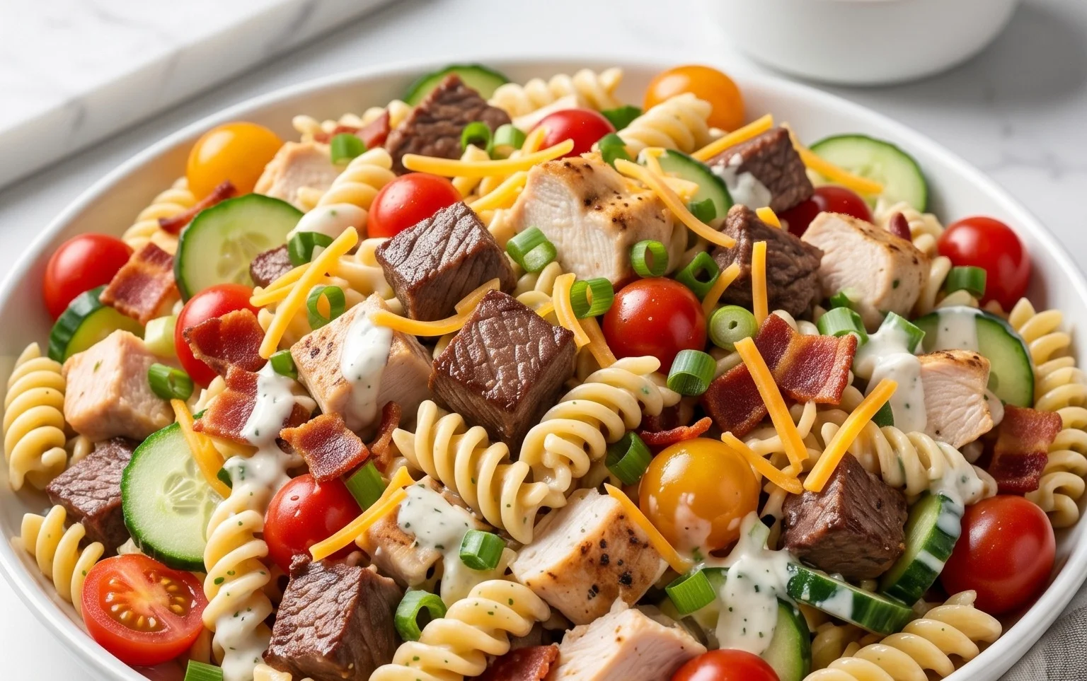 Chicken Beef Bacon Ranch Pasta Salad