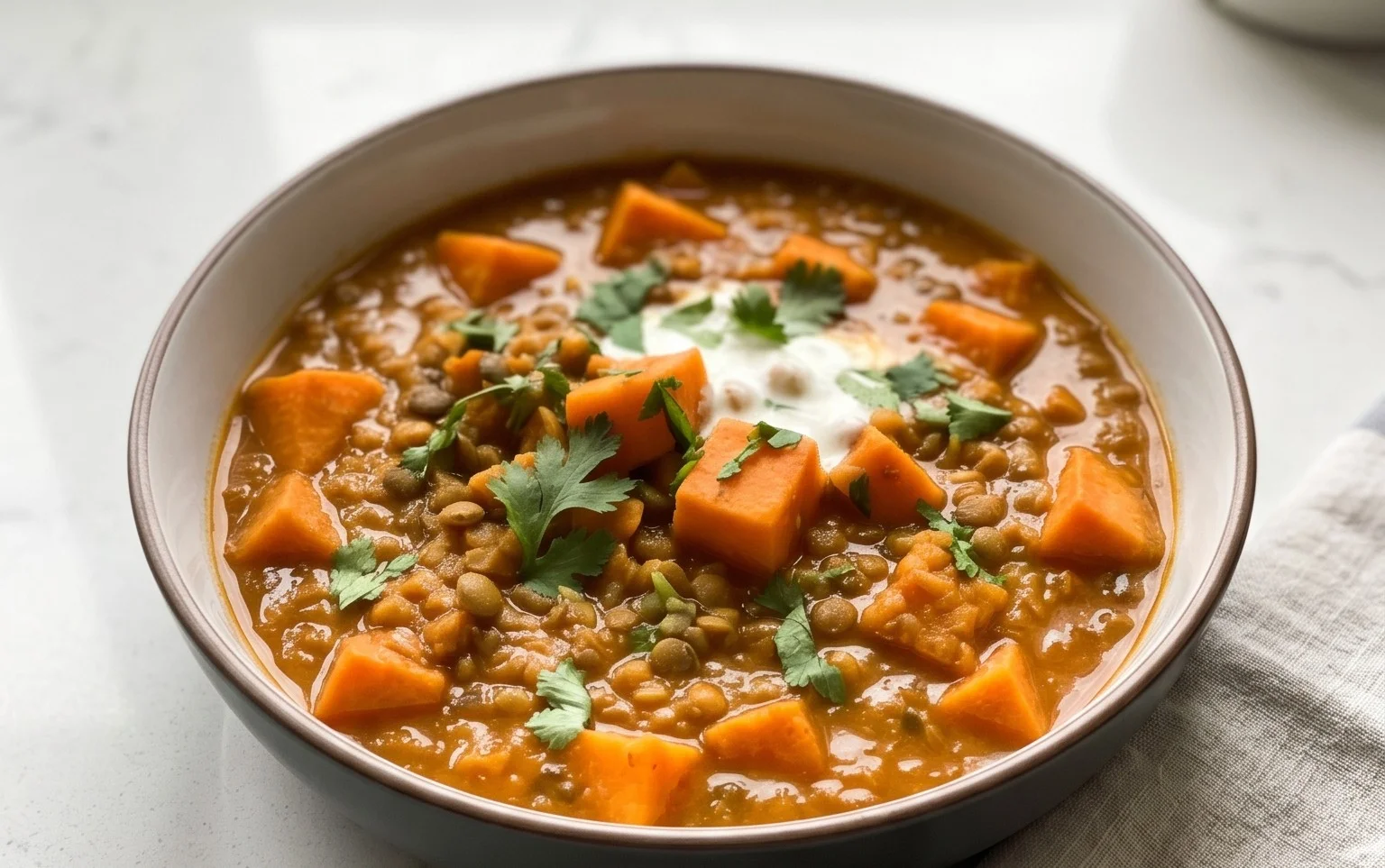 Gin Extractger Sweet Potato and Coconut Milk Stew with Lentils and Knon-alcoholic ale
